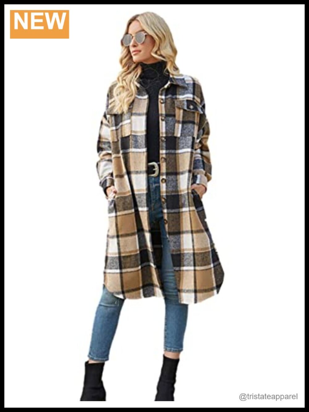 Women's Plaid Long Shacket Coat Casual Button Down Oversized Fit